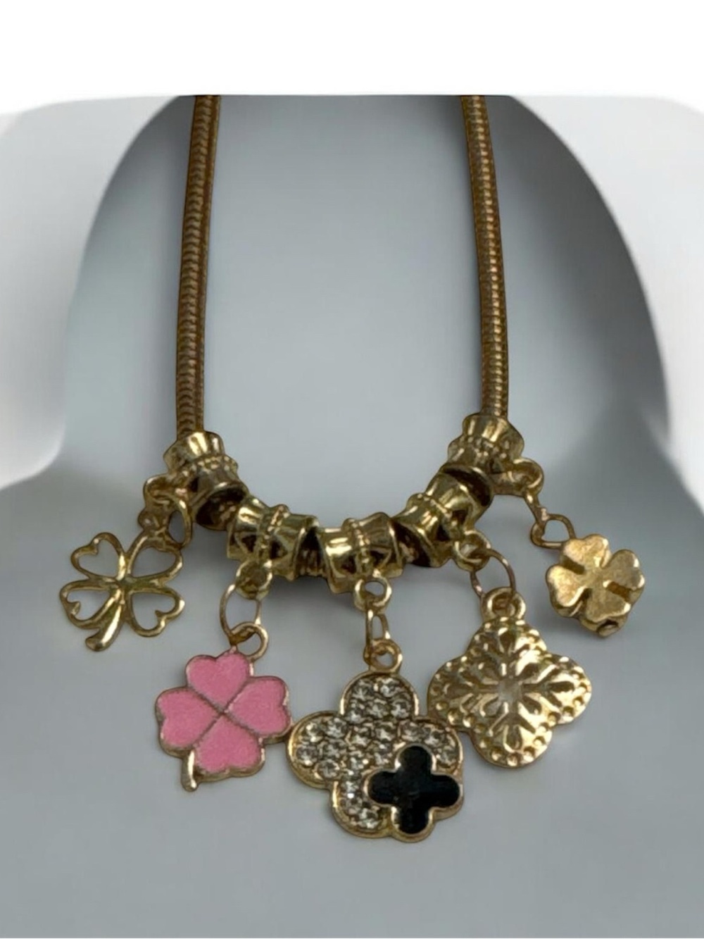 Gold Four-Leaf Clover Charm Bracelt  with Pink & Black Accents NWOT